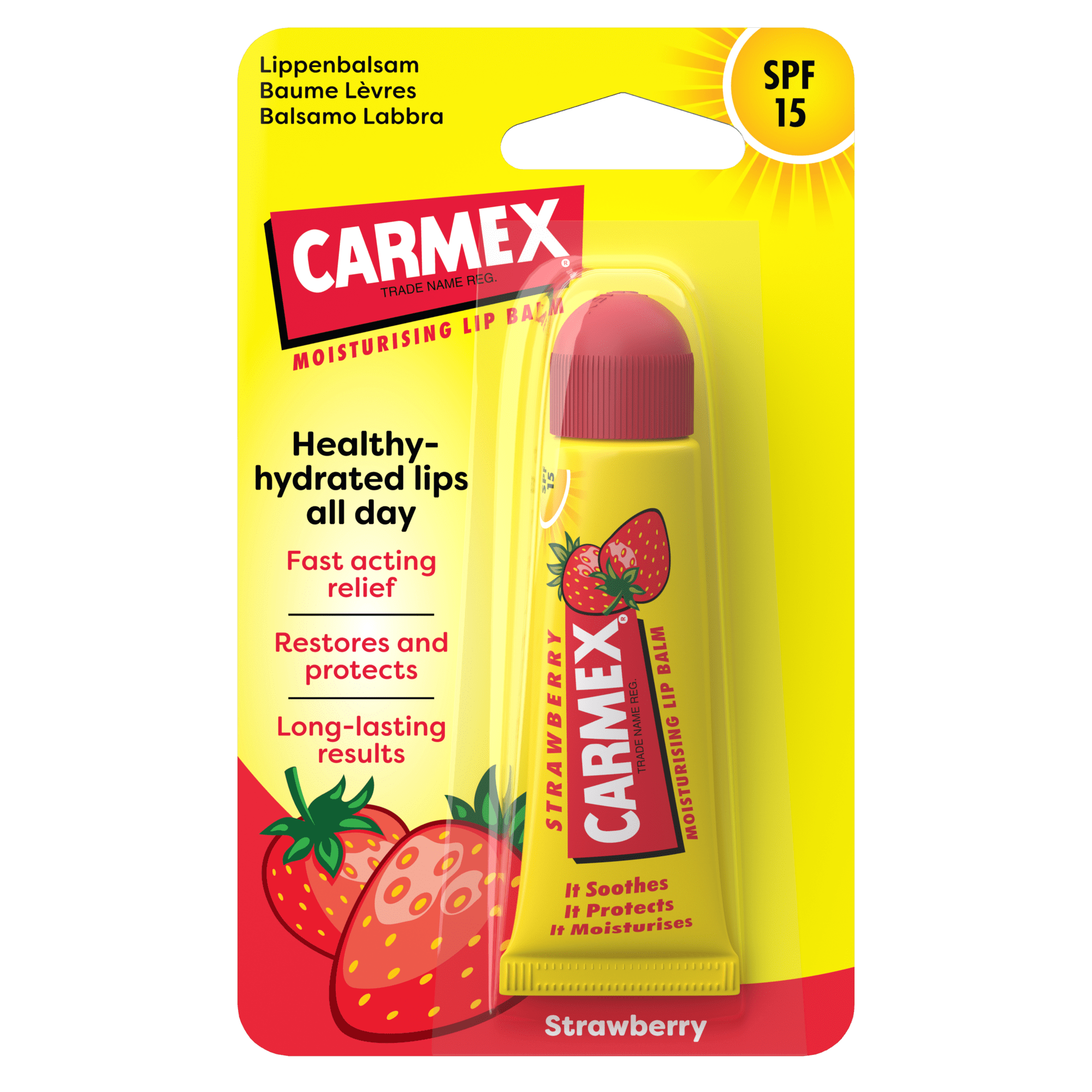 Verpackung vom Carmex Tube Strawberry Lippenbalsam mit SPF 15. Die Tube ist gelb und hat eine Erdbeerabbildung. Die Verpackung ist rot-gelb.