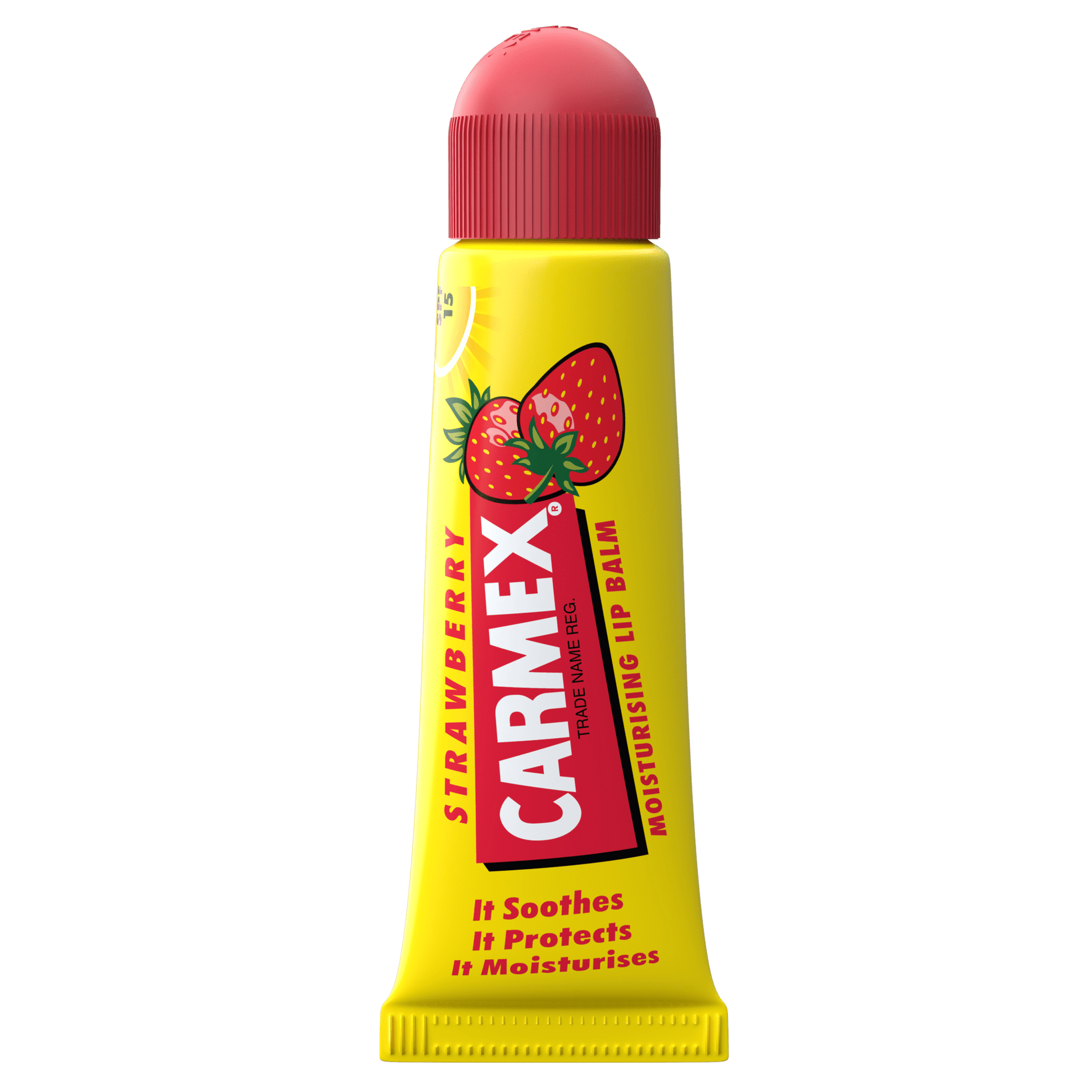 Gelbe Tube Carmex Strawberry Lippenbalsam mit rotem Deckel und Erdbeer-Motiv.