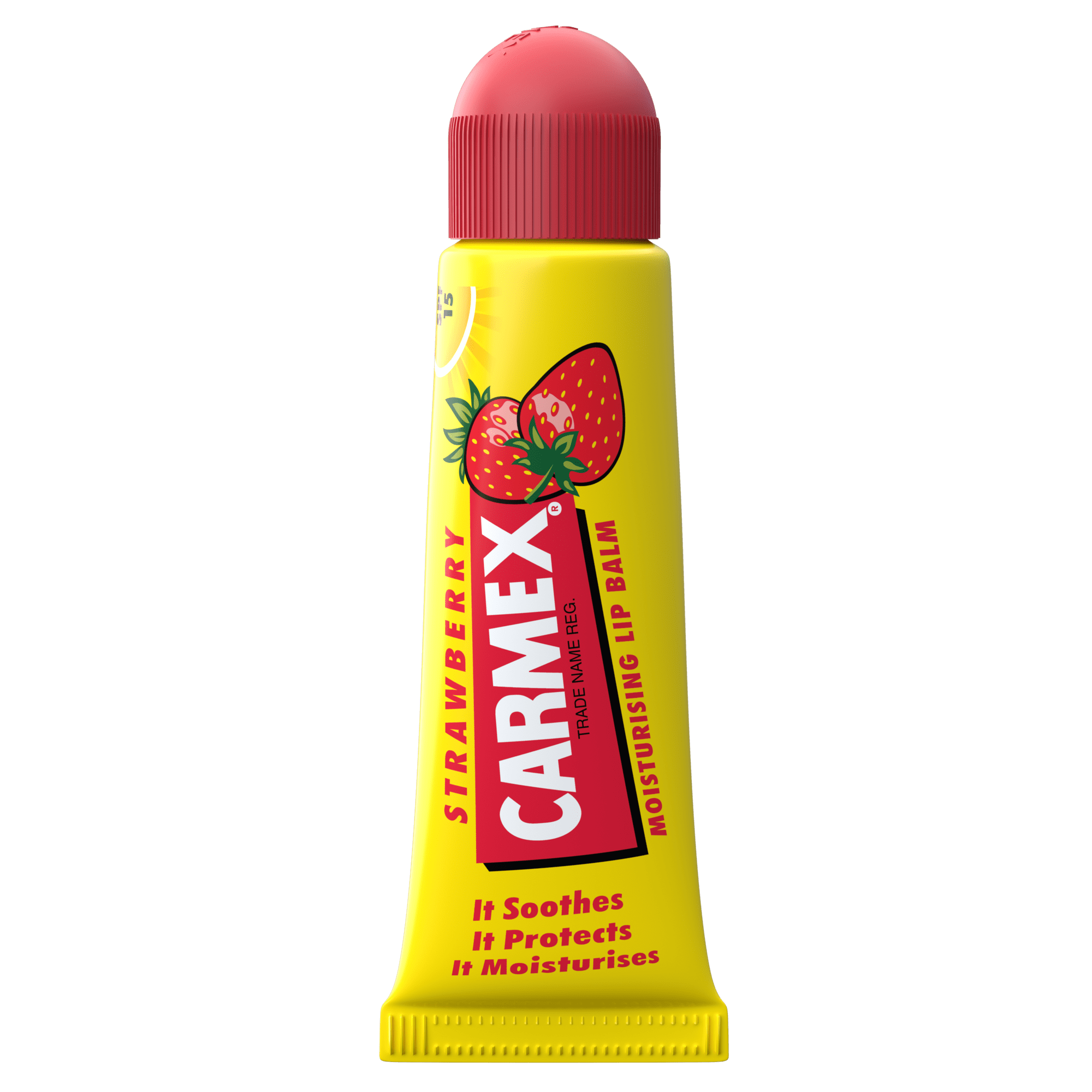 Gelbe Tube Carmex Strawberry Lippenbalsam mit rotem Deckel und Erdbeer-Motiv.