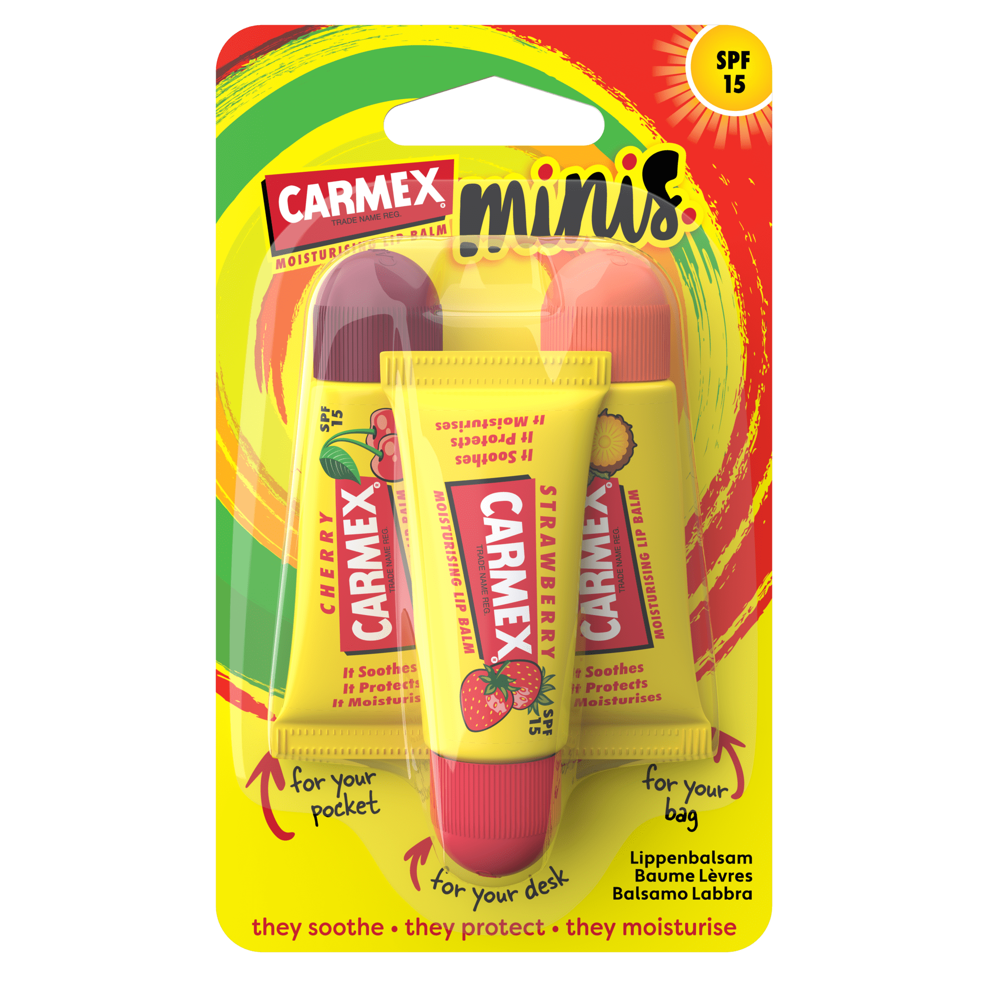 3er-Pack CARMEX Tube Minis Lippenbalsam mit SPF 15. Cherry, Strawberry und Pineapple Mint Geschmack im gelben Blister.