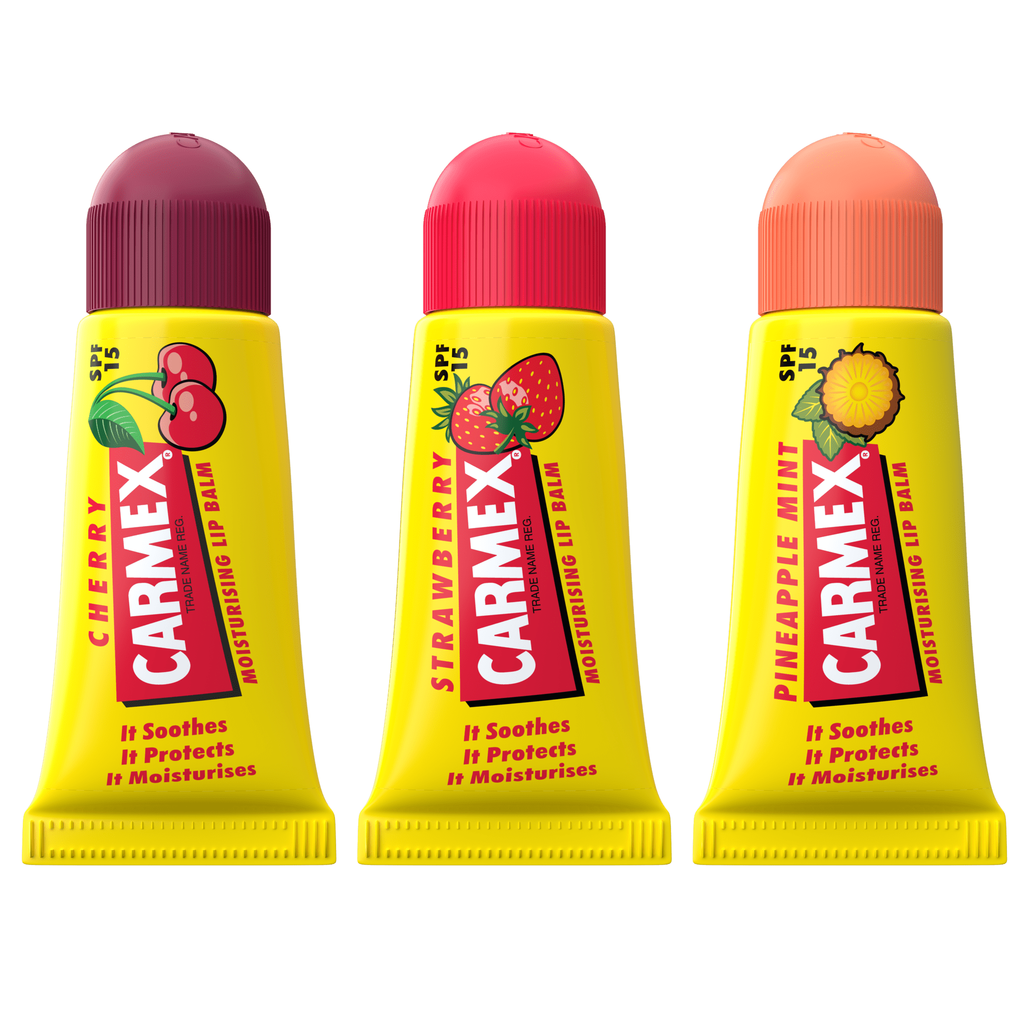 Gelbe Carmex Lippenbalsam Tuben, 3er-Pack: Kirsche, Erdbeere und Ananas-Minze mit Lichtschutzfaktor 15, für feuchtigkeitsspendende Lippenpflege.