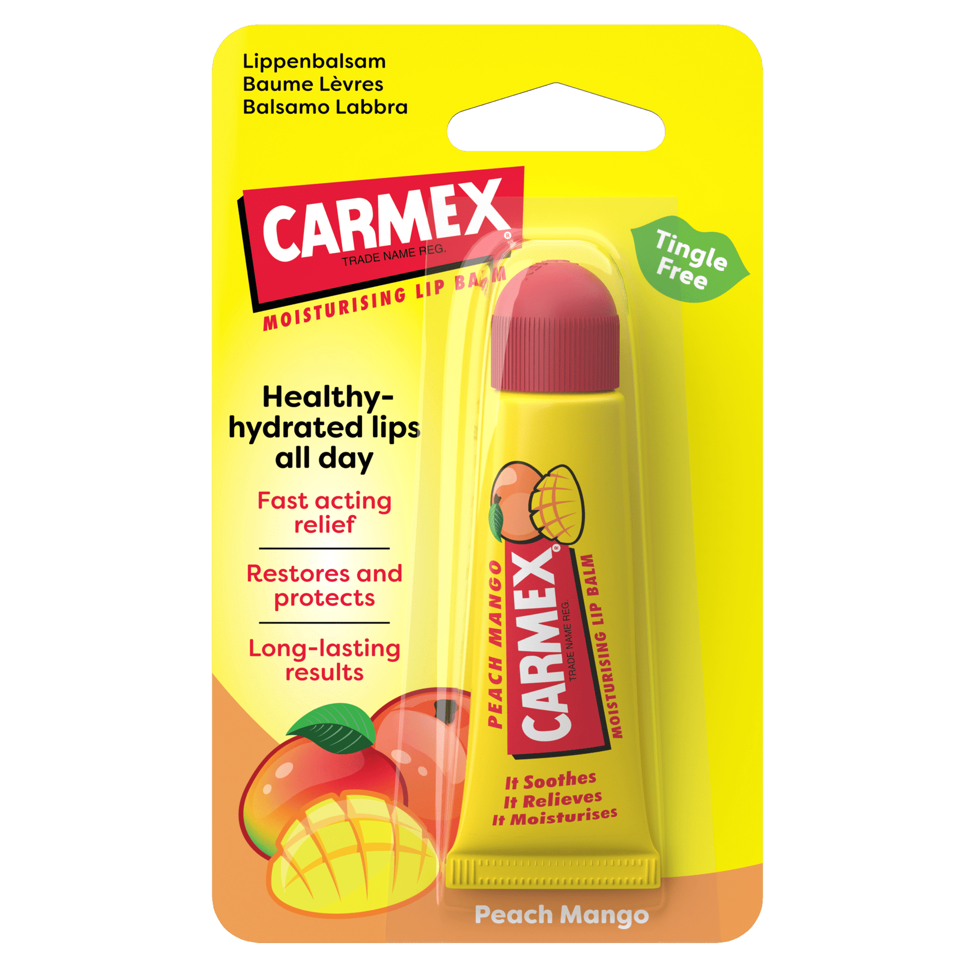 Verpackung einer Tube Carmex Peach Mango Lippenpflege mit Abbildung von Pfirsich und Mango. Der gelbe Hintergrund hebt das Produkt hervor.