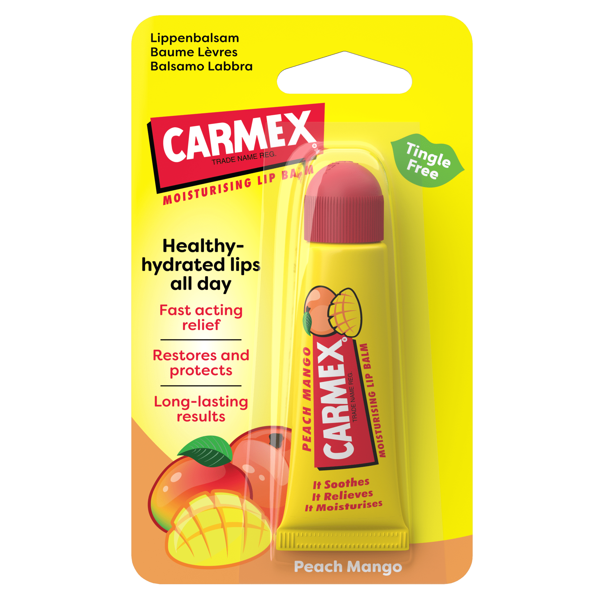 Verpackung einer Tube Carmex Peach Mango Lippenpflege mit Abbildung von Pfirsich und Mango. Der gelbe Hintergrund hebt das Produkt hervor.