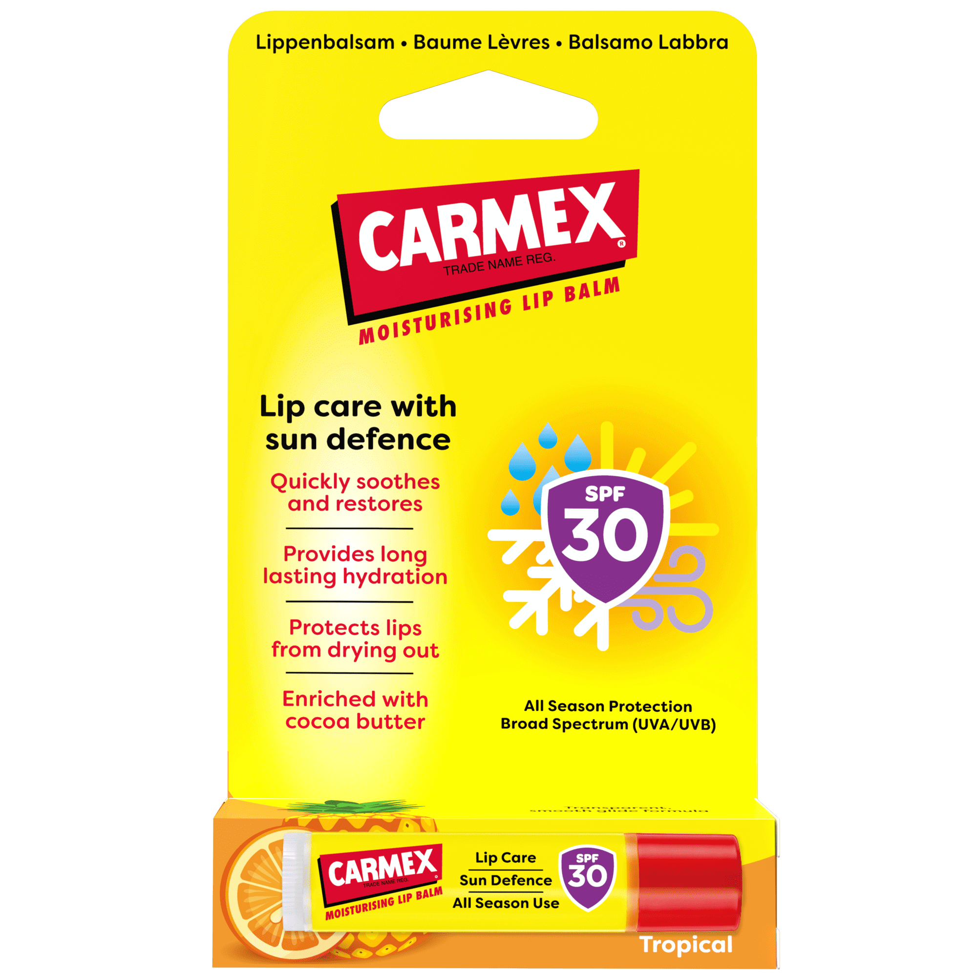 Verpackung von CARMEX Tropical Lippenbalsam Stick mit SPF 30. Tropische Früchte wie Ananas und Orange sind abgebildet. Der Stick ist rot und gelb.