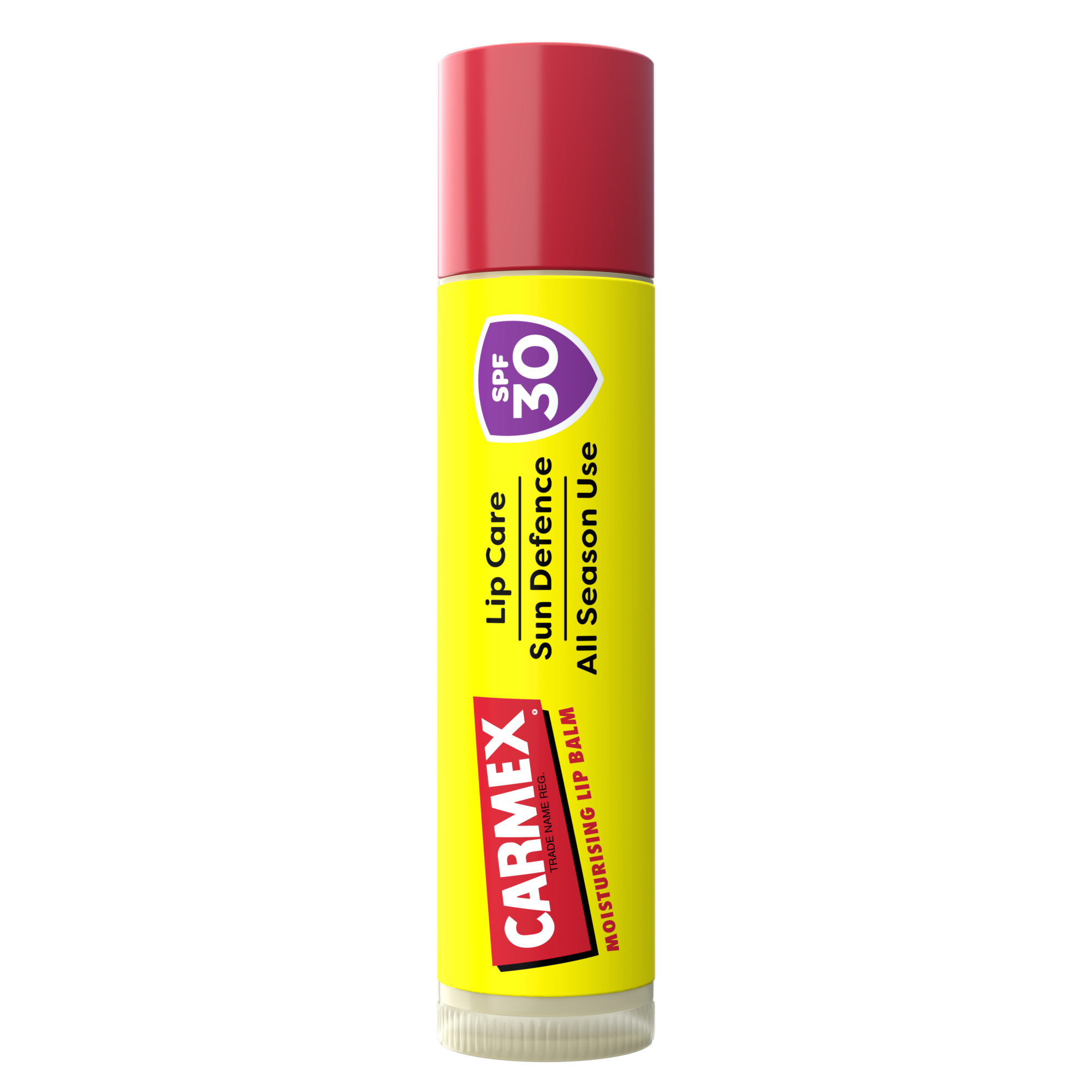 Gelber Carmex Lippenbalsam Stick mit roter Kappe und SPF 30.