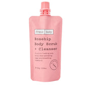 Rosa Standbeutel des FRANK BODY Rosehip Body Scrub + Cleanser Körperpeelings vor weißem Hintergrund