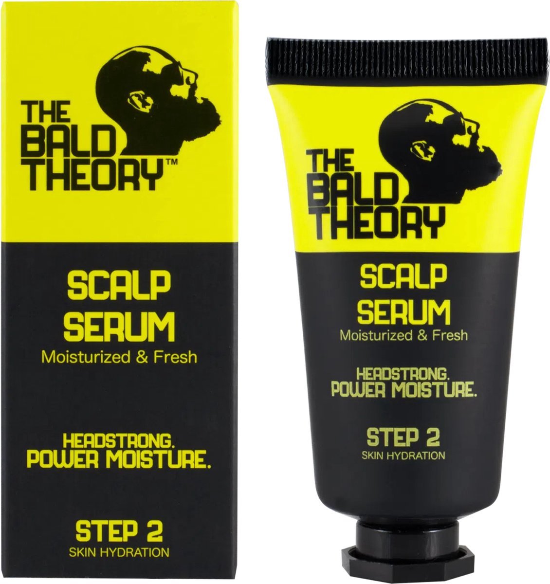 The Bald Theory Scalp Serum Schachtel und Tube. Beide Artikel sind schwarz und gelb mit dem Logo eines Kopfes. Der Text lautet "Scalp Serum, Moisturised & Fresh, Step 2, Skin Hydration".