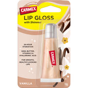 Gloss CARMEX Shimmer Vanilla en emballage blister, offrant une hydratation 24 h et un effet irisé