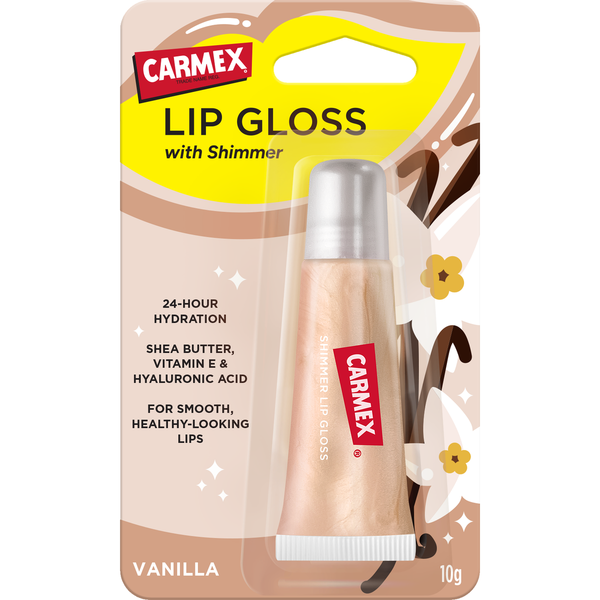 Gloss CARMEX Shimmer Vanilla en emballage blister, offrant une hydratation 24 h et un effet irisé