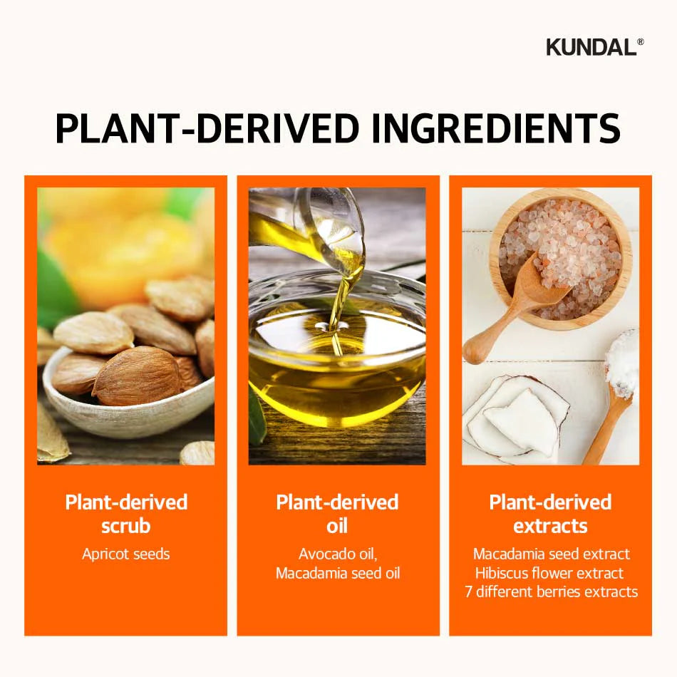 Drei orangefarbene Felder zeigen Inhaltsstoffe: Aprikosenkerne, Avocado- und Macadamiaöl, Macadamia-, Hibiskus- und Beerenextrakte.