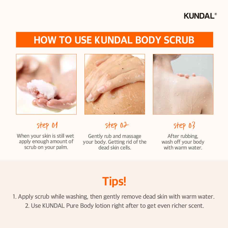 Anleitung zur Nutzung von Kundal Body Scrub in 3 Schritten mit Bildern: Auftragen auf feuchte Haut, Einmassieren, Abwaschen. Zusätzliche Tipps zur Anwendung.