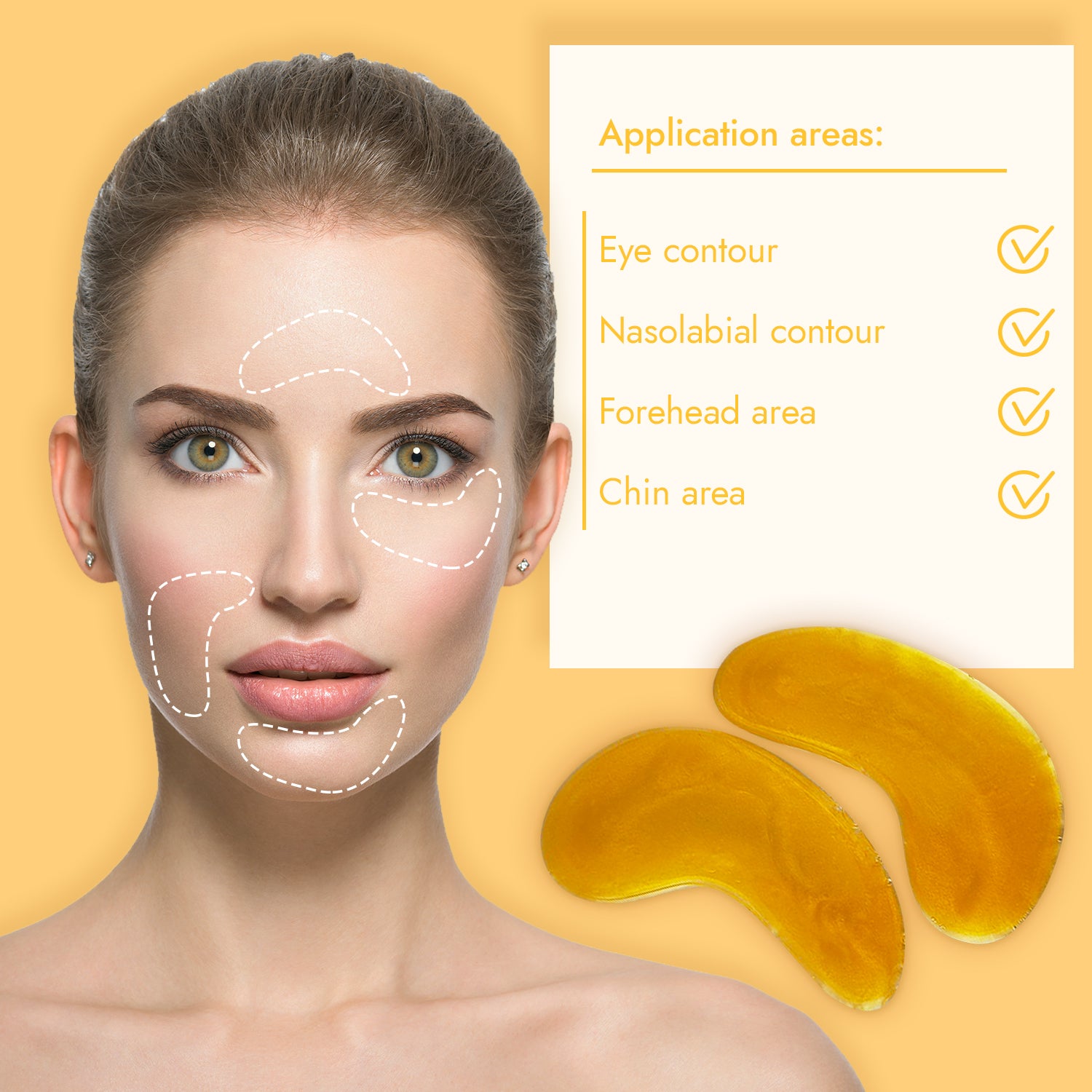 Eine Frau mit Hautpflegeanwendungspunkten, die mit gestrichelten Linien und Textfeldern versehen sind, die Bereiche und goldene Pads beschreiben.