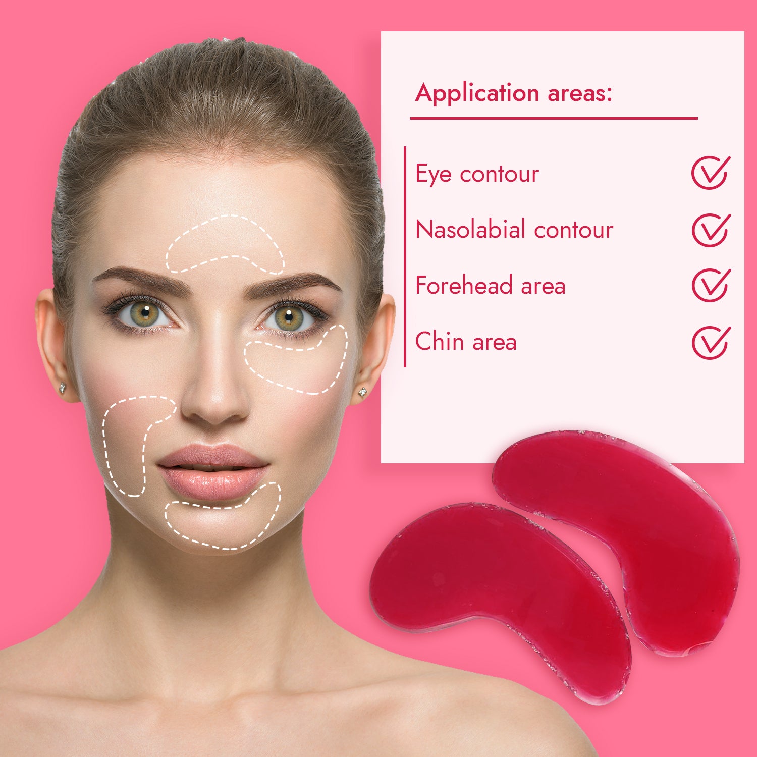 Frau mit Gesichtskontur-Anwendungen, markiert durch gestrichelte Linien. Anwendungsbereiche: Augenkontur, Nasolabialkontur, Stirnbereich, Kinnbereich. Zwei rote Pads.