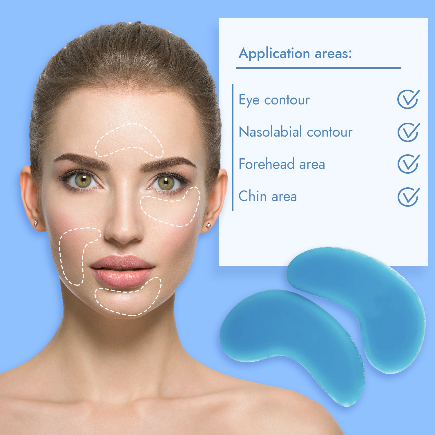 Gesicht einer Frau mit gestrichelten Linien um Augen, Stirn und Mund. Text mit Anwendungsbereichen und Haken für Augenkontur, Nasolabialkontur, Stirnbereich und Kinnbereich. Zwei blaue Gelpflaster.