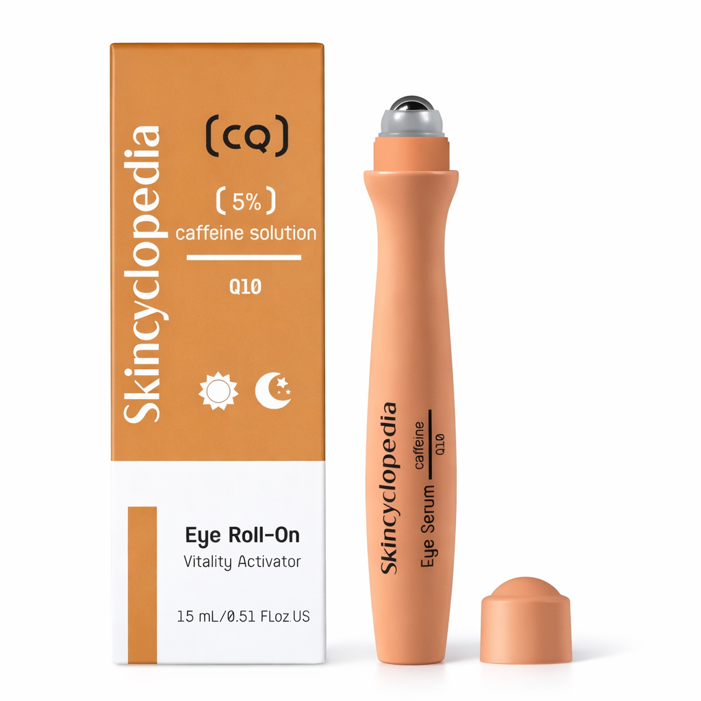 SKINCYCLOPEDIA Roll-on para os olhos com aplicador metálico, ao lado da embalagem laranja e branca e com a tampa removida