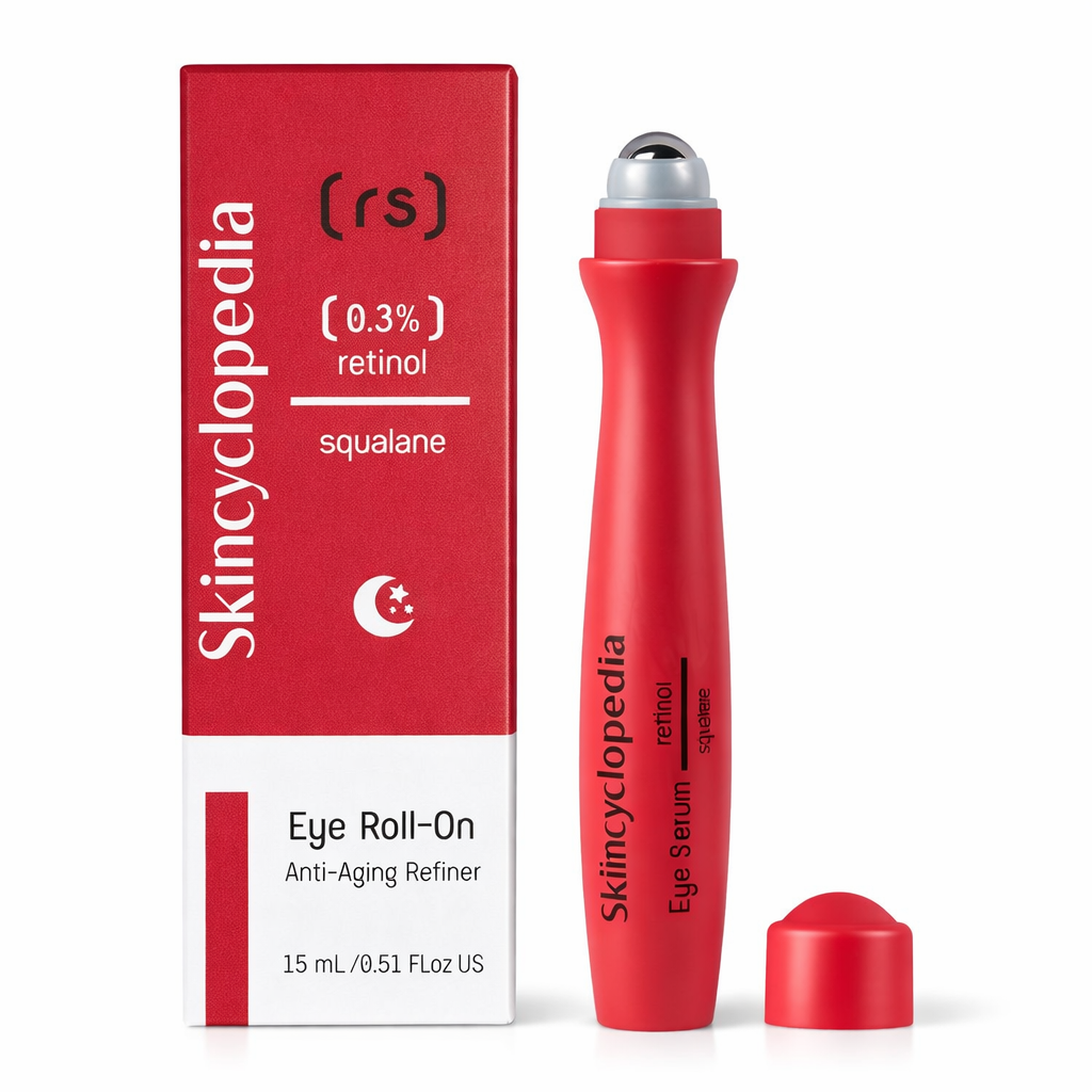 Ein rotes Hautpflegeprodukt-Set bestehend aus einer Verpackung und einem Roll-On-Serum mit einer Metallkugel. Beschriftungen umfassen Skincyclopedia, Retinol und Squalane.
