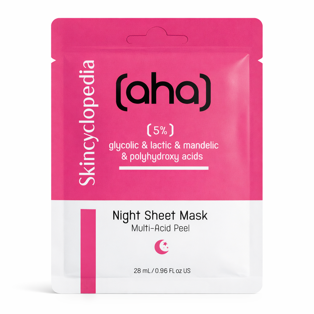 Verpackung einer Gesichtsmaske mit AHA-Säure. Pinkfarbener Oberteil mit Inhaltsstoffen, weißer Unterteil mit Produktname "Night Sheet Mask" und Mond-Symbol.