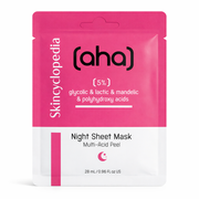 Verpackung einer Gesichtsmaske mit AHA-Säure. Pinkfarbener Oberteil mit Inhaltsstoffen, weißer Unterteil mit Produktname "Night Sheet Mask" und Mond-Symbol.