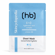 Hellblaue Gesichtsmasken-Verpackung mit der Aufschrift "Skincyclopedia", "Sheet Mask", und Inhaltsstoffen.