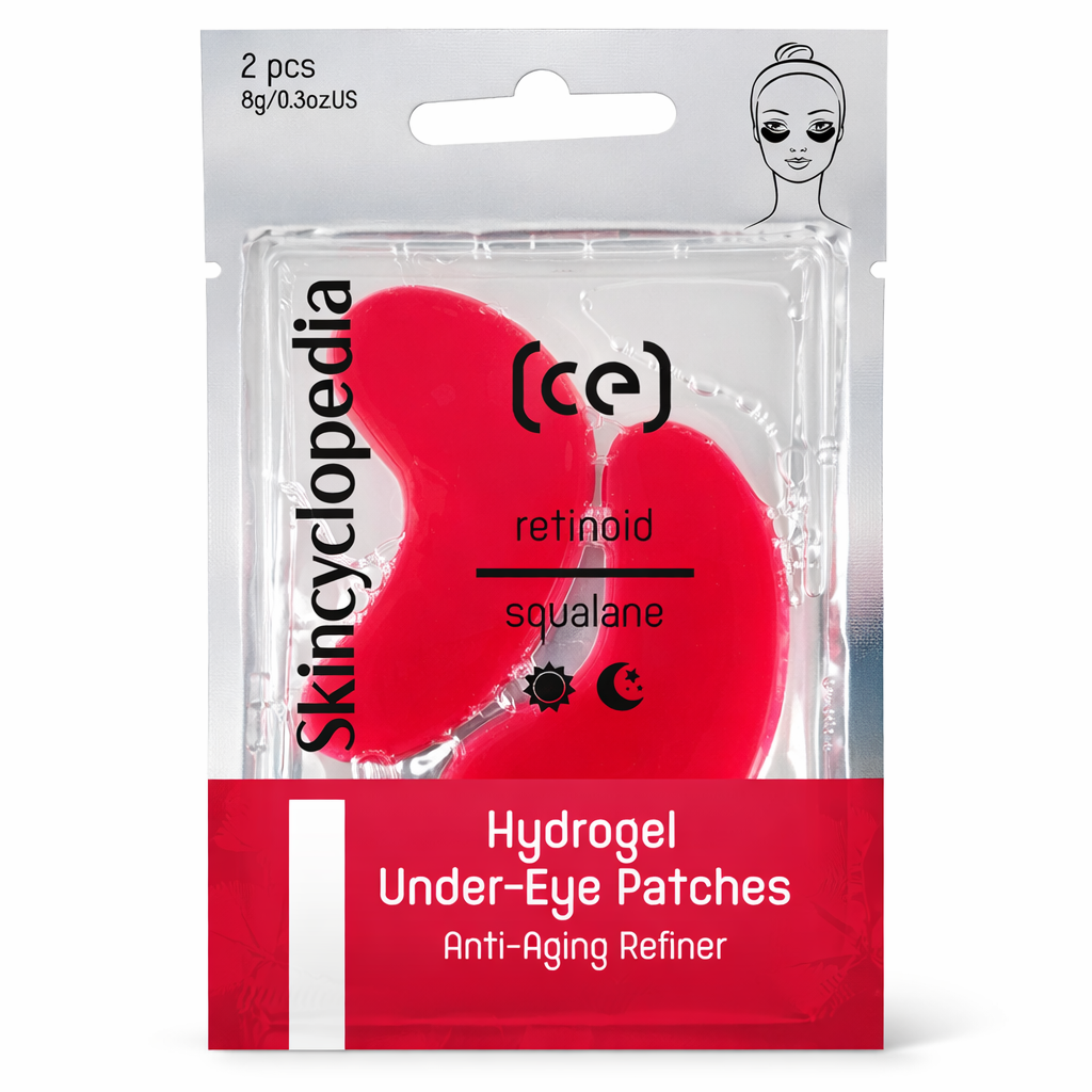 Verpackung von roten Hydrogel Augenpads mit Aufschrift. Sie enthalten Retinoid und Squalane. Abbildung einer Frau mit Augenpads auf der Packung.