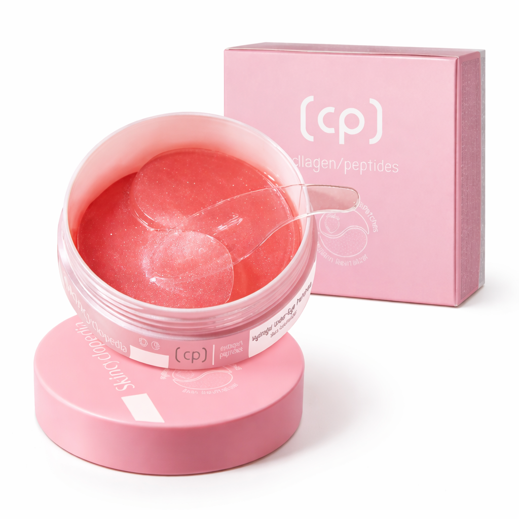 Rosa Hautpflege: Dose mit Augenpads und Spatel, daneben eine passende Schachtel.