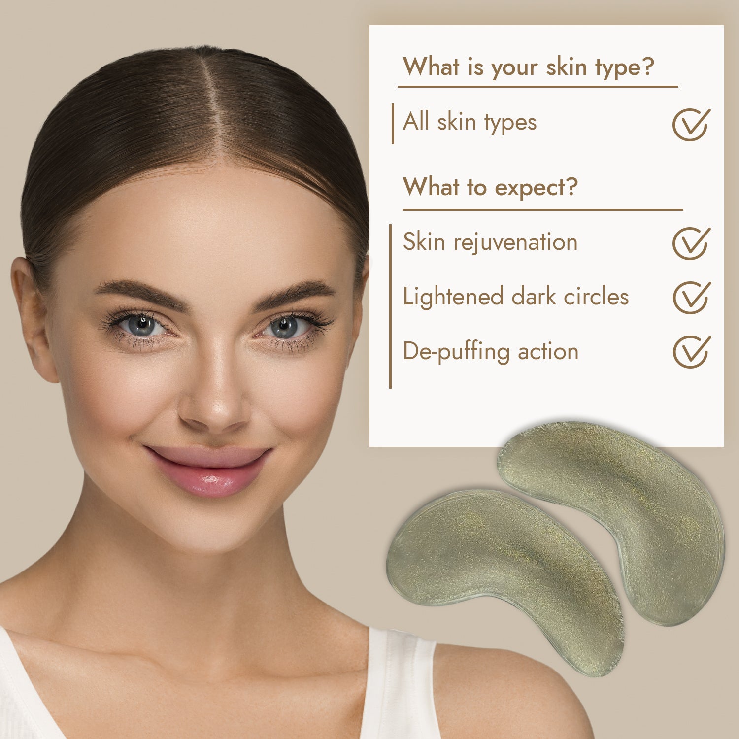 Porträt einer Frau mit strahlender Haut. Rechts Text zu Hauttypen und erwarteten Ergebnissen, sowie Augenpads.