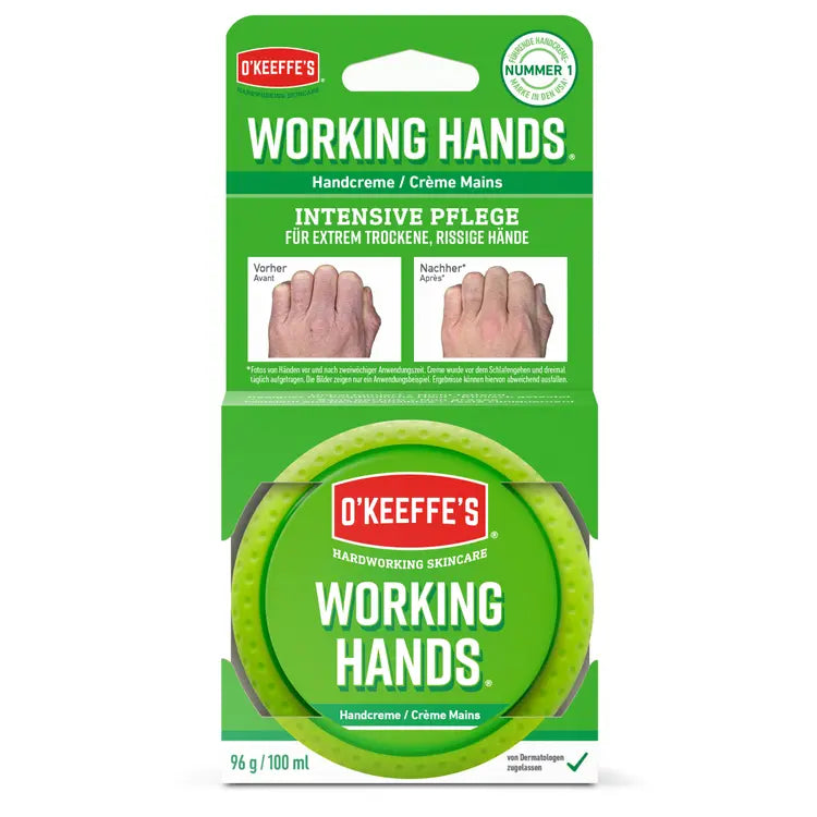 O'KEEFFE'S Working Hands Handcreme in grüner Verpackung mit Vorher-Nachher-Vergleich für extrem trockene Hände