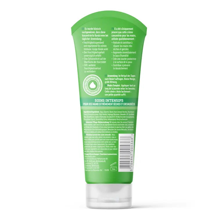 Rückseite der grünen Tube von O'KEEFFE'S Working Hands Handcreme mit Produktinfos, Inhaltsstoffen und Barcode