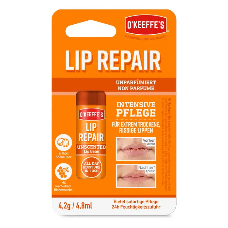 O'KEEFFE'S Lip Repair unparfümiertes Lippenbalsam in orangefarbener Blisterverpackung mit Vorher-Nachher-Vergleich