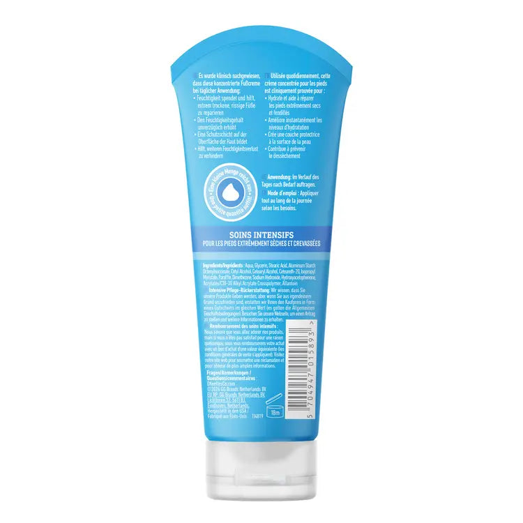Rückseite der blauen Standtube der O'KEEFFE'S Healthy Feet Fusscreme mit Anwendungshinweisen und Inhaltsstoffen