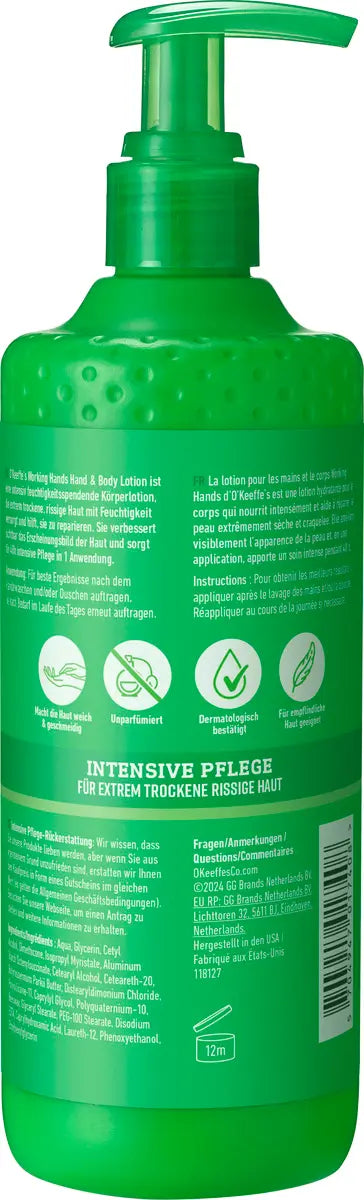 Rückansicht der grünen Spenderflasche der O'KEEFFE'S Working Hands Hand & Bodylotion mit Produktinformationen