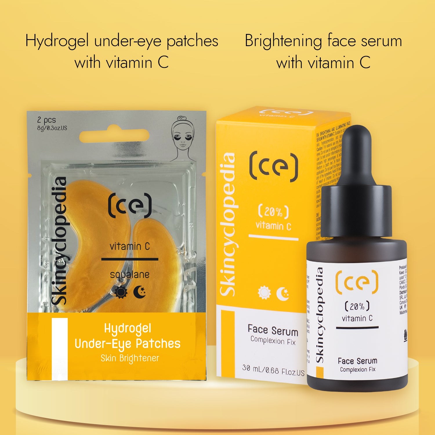 Kosmetikprodukte: Hydrogel-Augenpads in Silberverpackung neben Gesichtsserum in Gelb- und Brauntönen mit Produktinformationen.