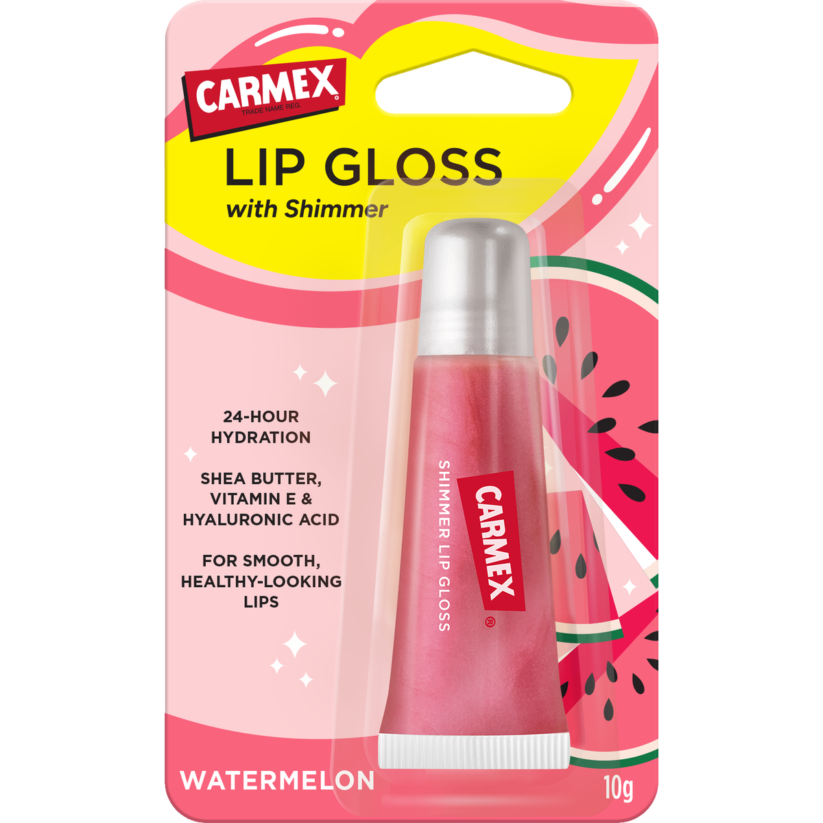 Gloss CARMEX « Shimmer Watermelon » présenté dans un emballage blister rose orné d'un motif de pastèque, en tube de 10 g
