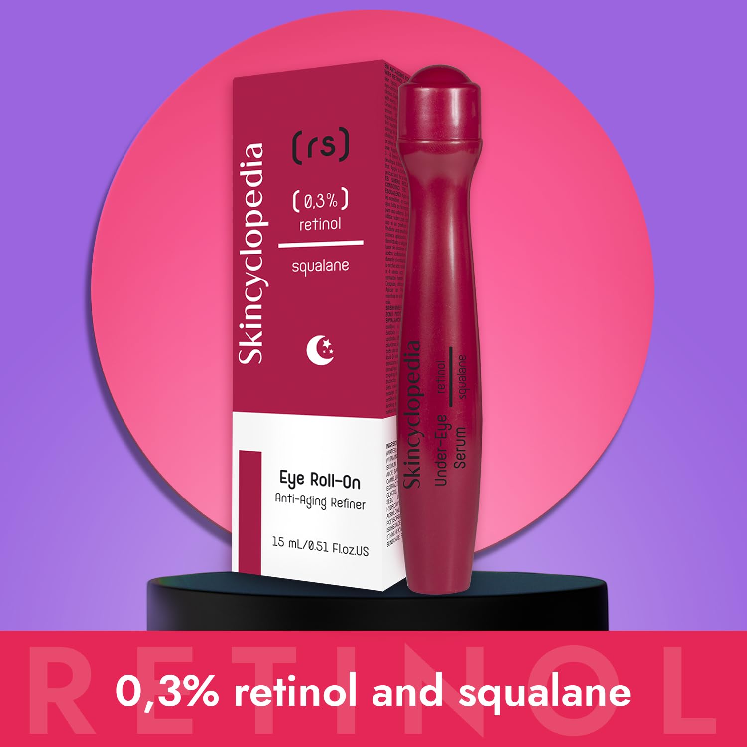 SKINCYCLOPEDIA: Roll-on de retinol e embalagem sobre um pedestal preto, em frente a um círculo rosa e um fundo roxo
