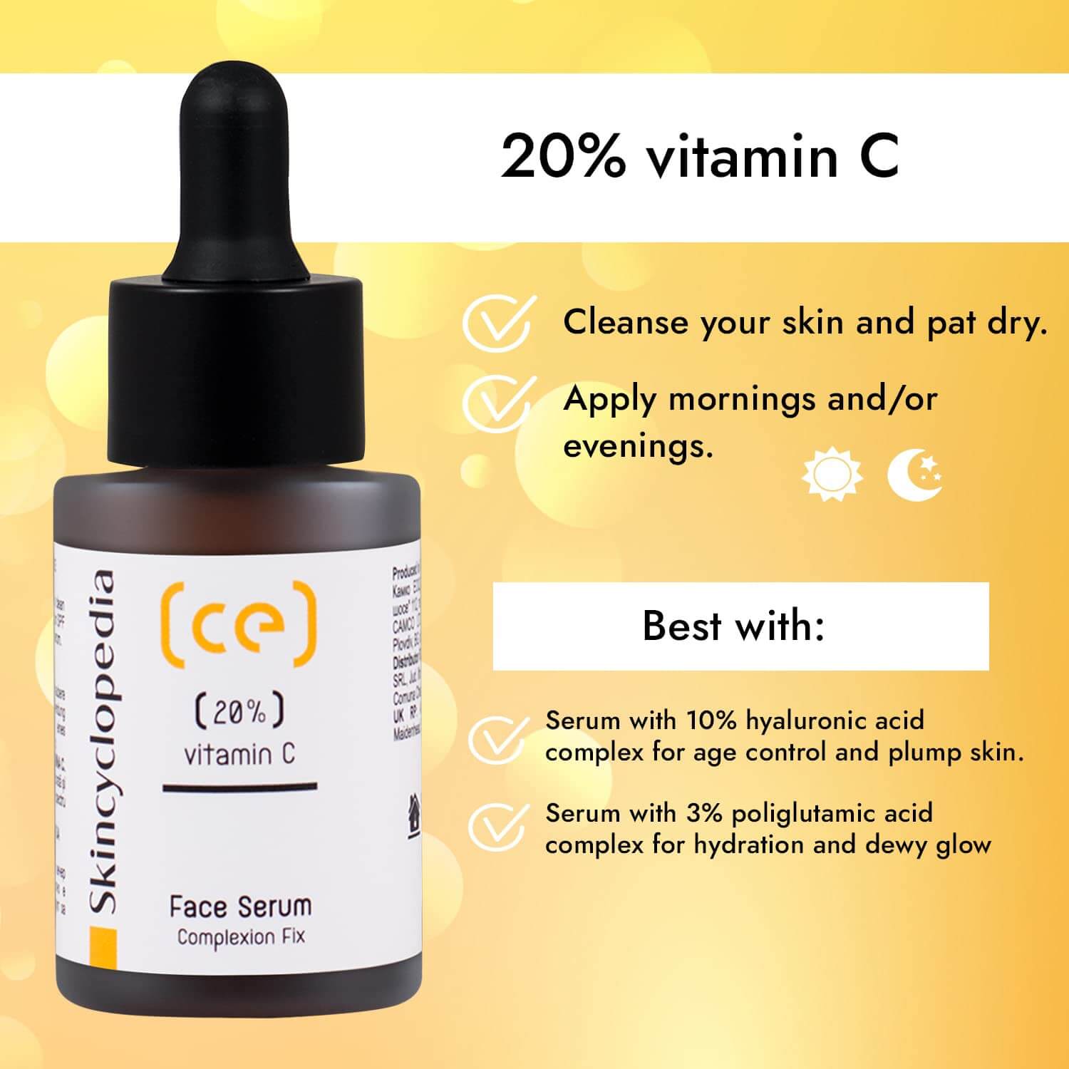 Braunes Serum-Fläschchen mit Pipette, SKINCYCLOPEDIA Vitamin C 20 % Serum. Text: Strahlkraft und Schutz. Gelber Hintergrund mit Produktinformationen.