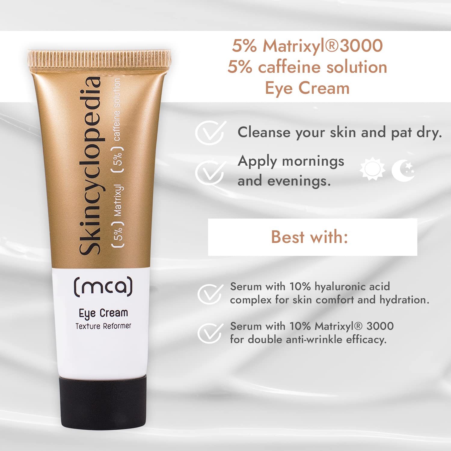 SKINCYCLOPEDIA Creme para os olhos – Matrixyl e cafeína, tubo de 15 ml, com instruções de utilização sobre um fundo branco cremoso