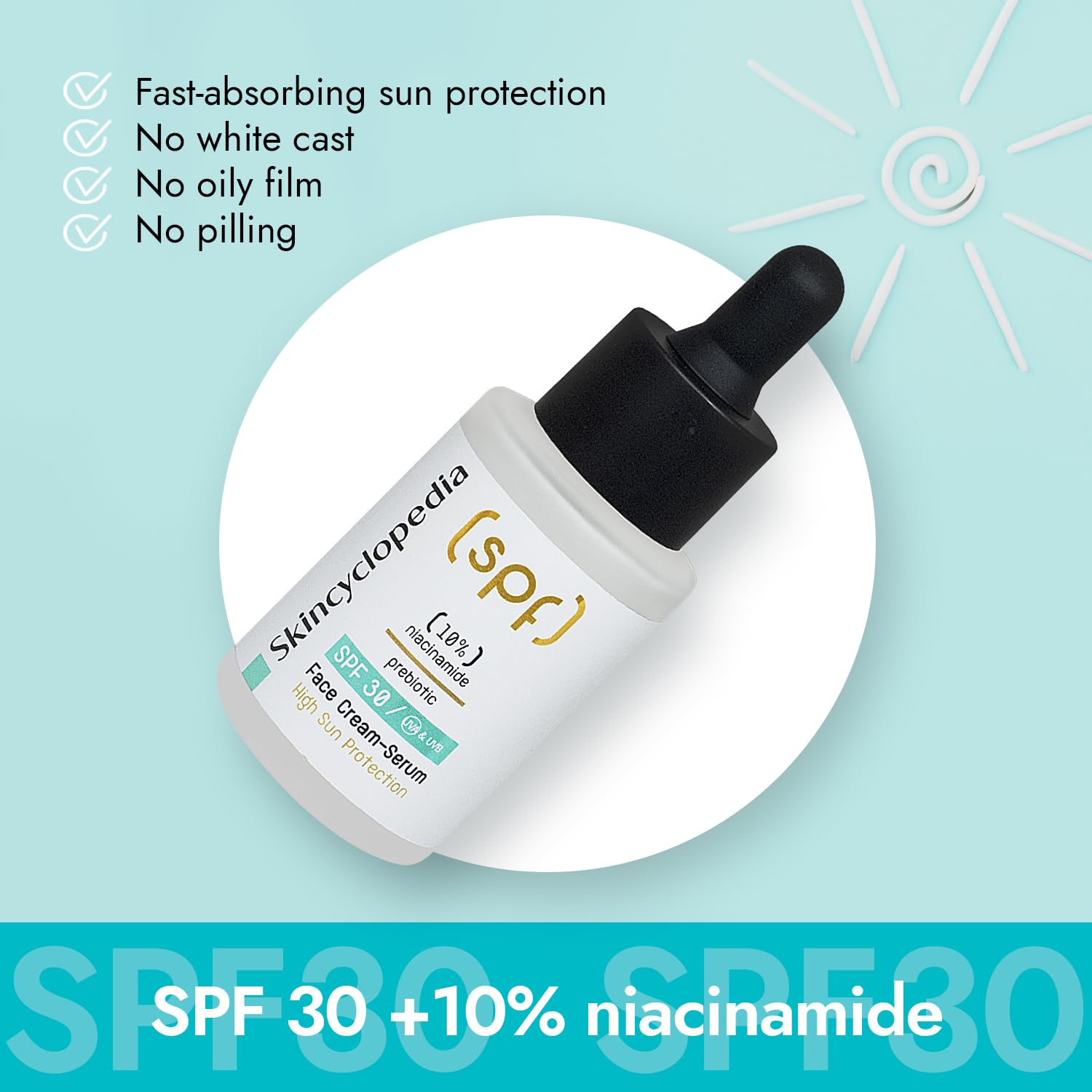 Serum Flasche mit Pipette, Aufschrift Skincyclopedia SPF 30 Niacinamid. Hintergrund: Vorteile, Sonne.