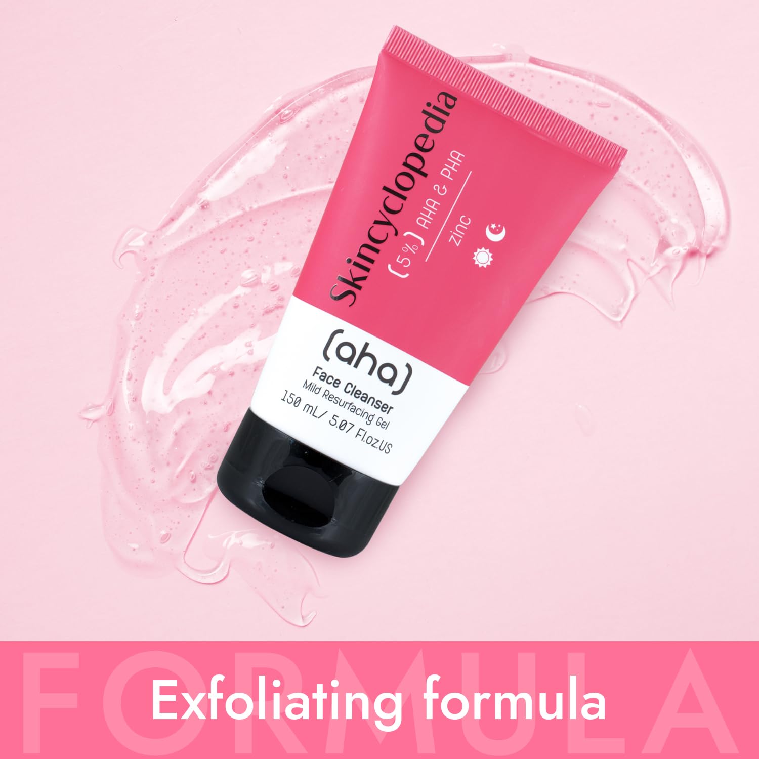 Rosa Tube AHA/PHA Gesichtsreiniger mit Gelklecksen. Klärende Reinigung und Peeling für reine, glatte Haut.