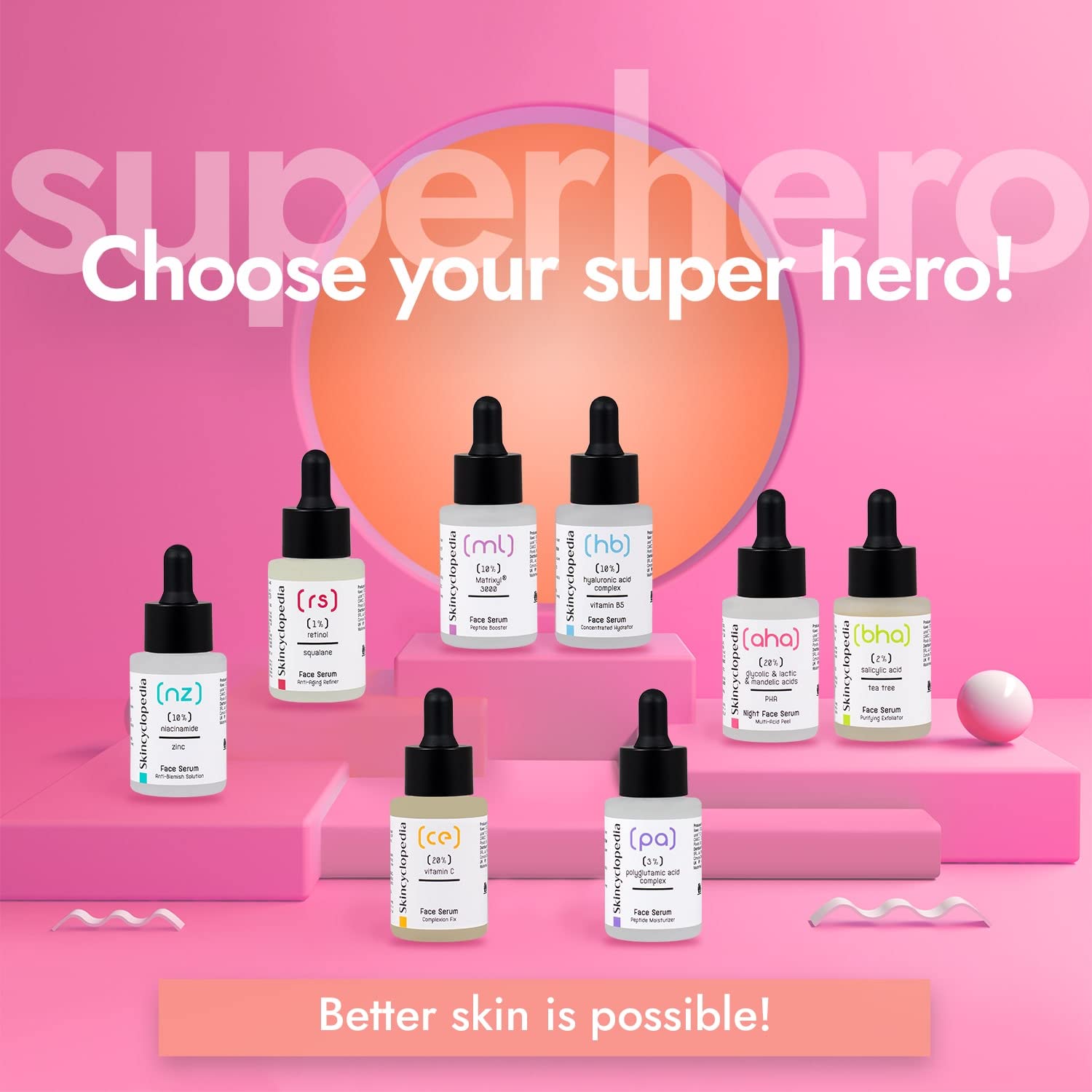 Neun Fläschchen SKINCYCLOPEDIA AHA/PHA Peeling Serum, jedes mit anderer Formel, auf rosa Podesten. Titelbild mit dem Slogan "Choose your super hero!".