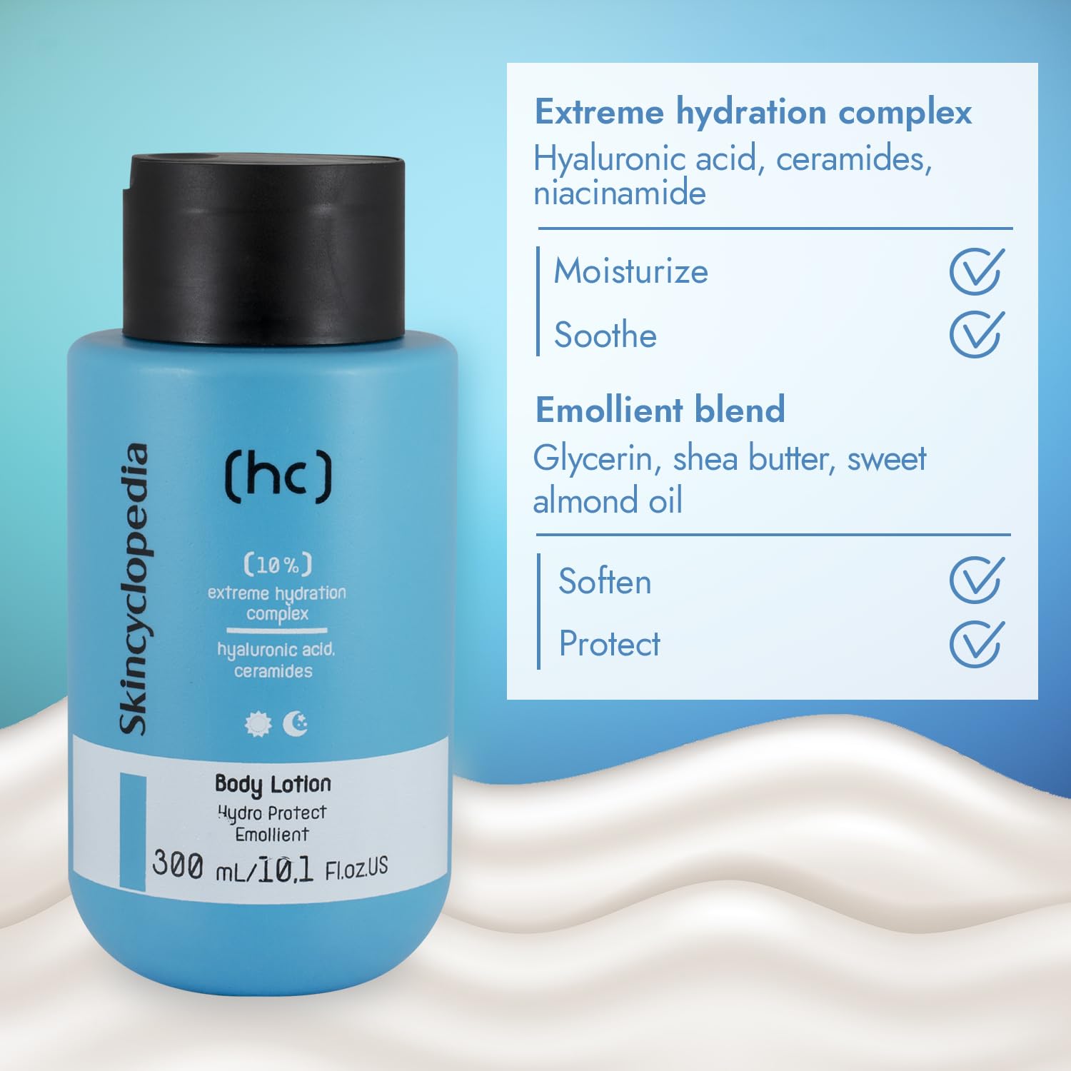 Hellblaue SKINCYCLOPEDIA Body Lotion Flasche mit 10% Feuchtigkeitskomplex. Die Lotion verspricht Feuchtigkeit, Beruhigung und Schutz.
