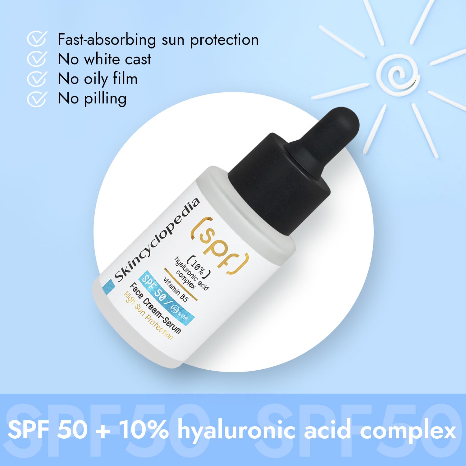 Nahaufnahme: Skincyclopedia SPF 50 Serum mit Pipette. Text hervorhebt UV-Schutz, Hyaluron und leichte Textur. Sonnensymbol im Hintergrund.