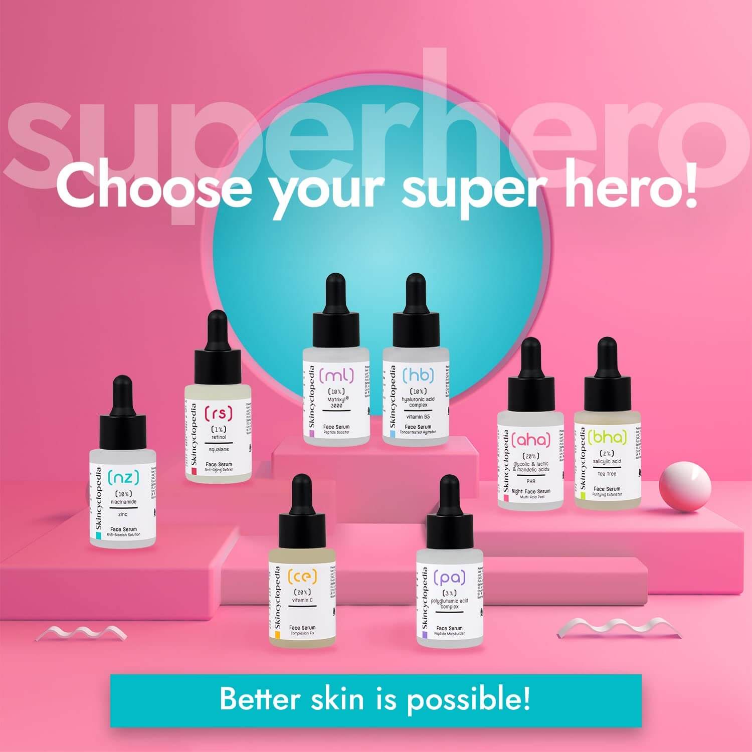 Acht Serum-Flaschen, u.a. mit Niacinamid und Zink, vor pinkfarbenem Hintergrund. Text "Choose your Superhero!".