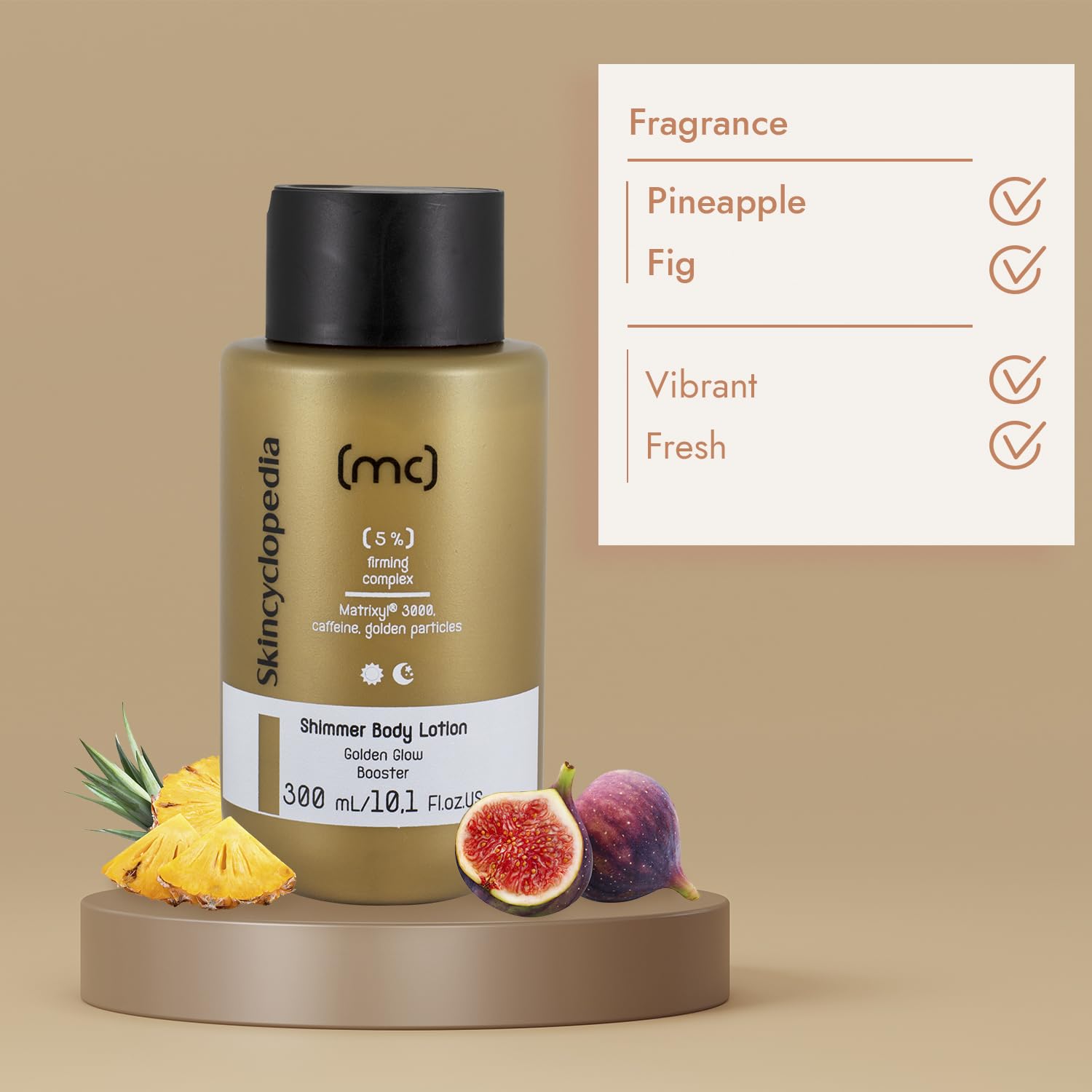 Goldene Shimmer Body Lotion mit Ananas- und Feigenduft. Texturverbesserung durch 'Firming Complex'.