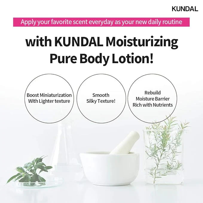 Werbung für Kundal Body Lotion mit Pflanzen, Mörser und Becherglas auf weißem Hintergrund. Drei Kreise beschreiben die Vorteile.