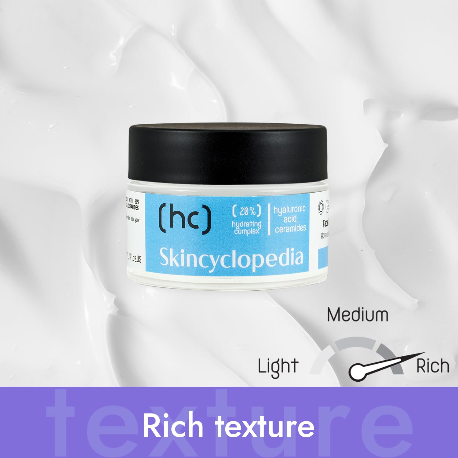 Creme Dose von Skincyclopedia Feuchtigkeitscreme 20%. Fokus auf reichhaltige Textur, mit Hyaluronsäure und Ceramiden. Feuchtigkeitspflege für intensive Hydration.