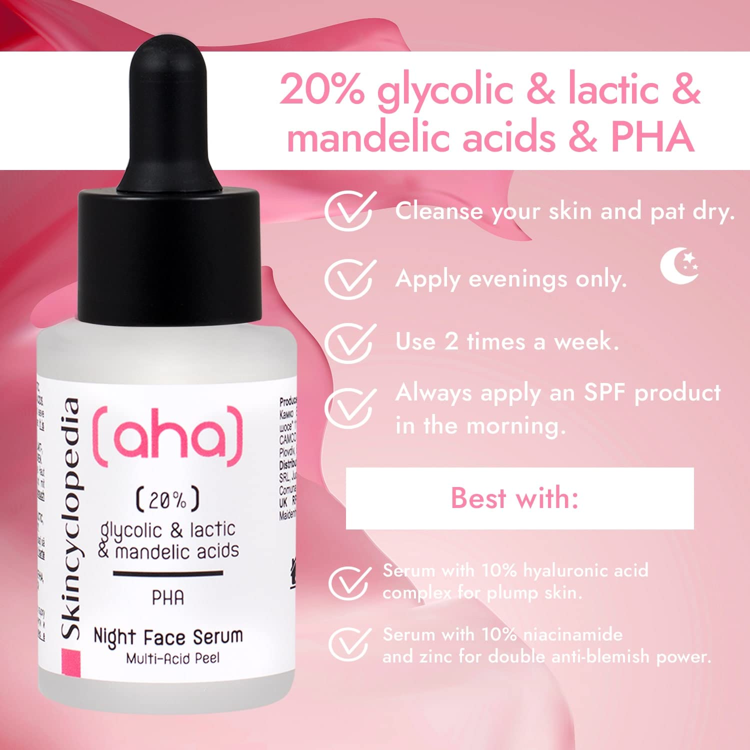 Nahaufnahme: SKINCYCLOPEDIA Peeling Serum mit AHA/PHA, 20%. Texturverfeinerung für glatte, strahlende Haut. Hinweise zur Anwendung.