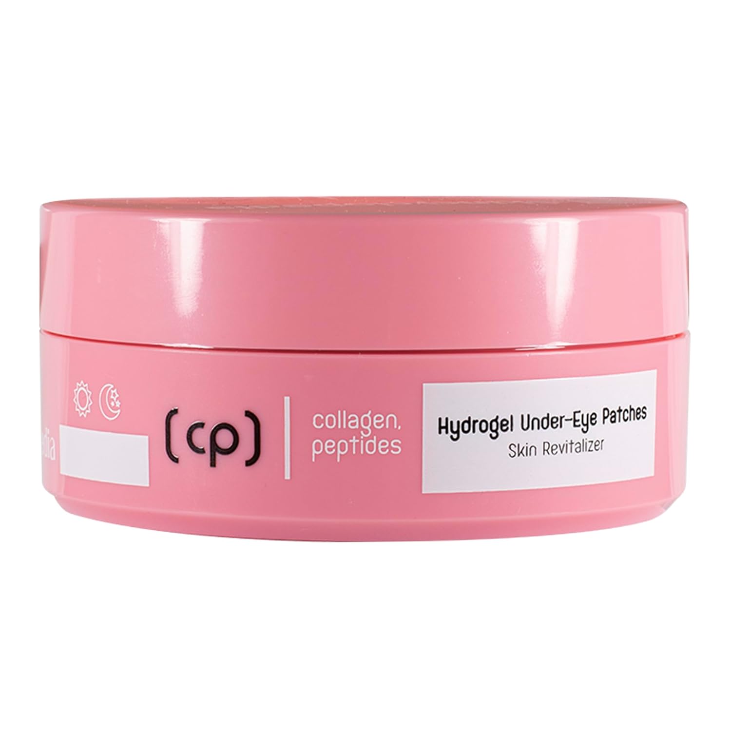 Nahaufnahme einer rosa Dose mit Collagen Augenpatches. Aufschrift: "Hydrogel Under-Eye Patches".