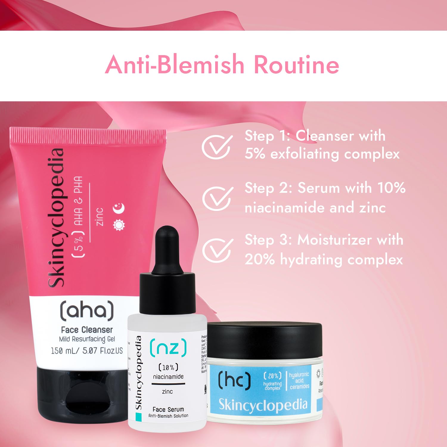 Hautpflege-Routine: AHA/PHA Gesichtsreiniger, Serum, Feuchtigkeitspflege. Produkte von Skincyclopedia für reine, glatte und strahlende Haut.