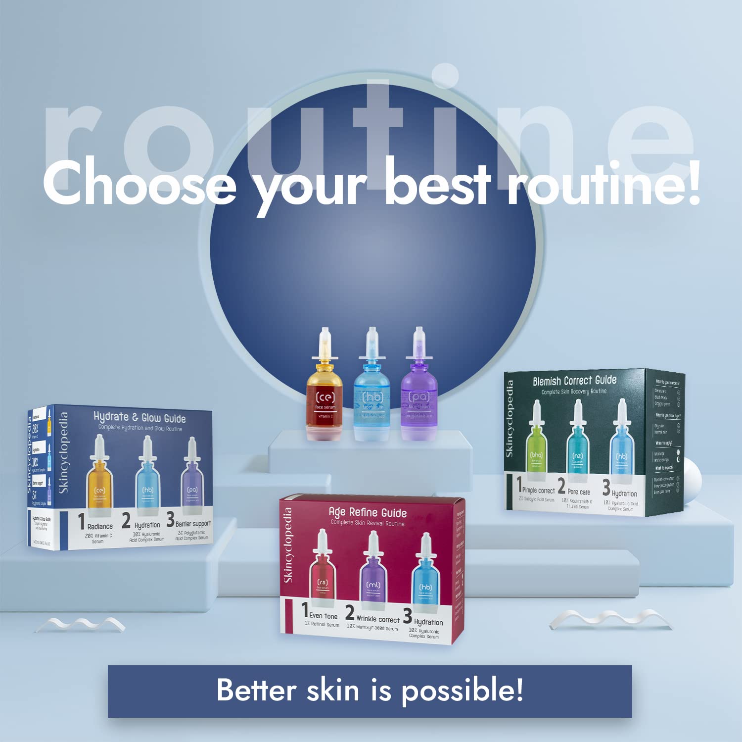 SKINCYCLOPEDIA Hydrate Guide 3er-Set: Box mit Hyaluron-, Polyglutaminsäure-Serum und Feuchtigkeitscreme. Flaschen mit Pipettenaufsatz in Gelb, Blau und Lila.