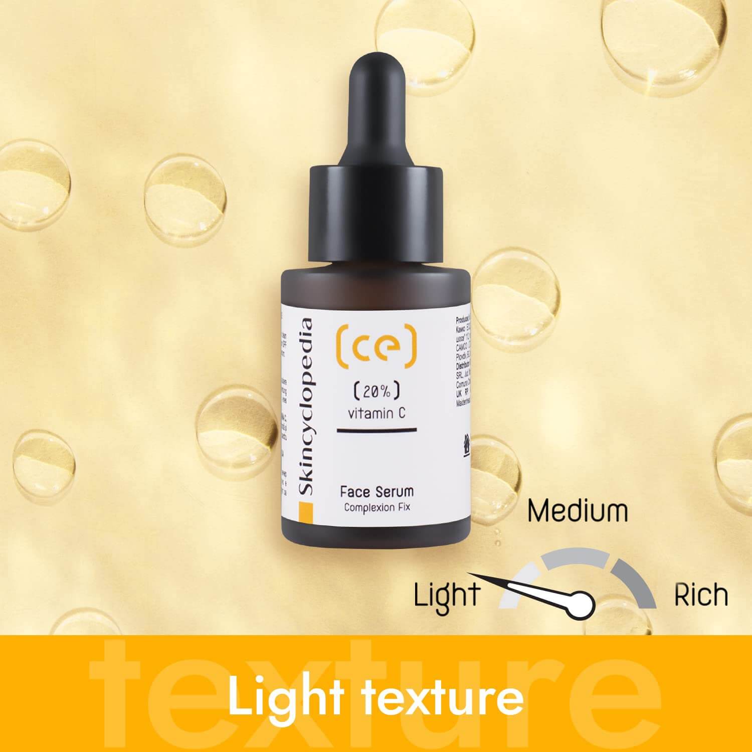 Vitamin C Serum Flasche mit Pipette. Serum-Tropfen im Hintergrund. Hinweis auf leichte Textur.